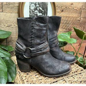BED STU Rea 7.5 Leather O-Ring Moto Boots Distressed Black Gray Zip Up In Box